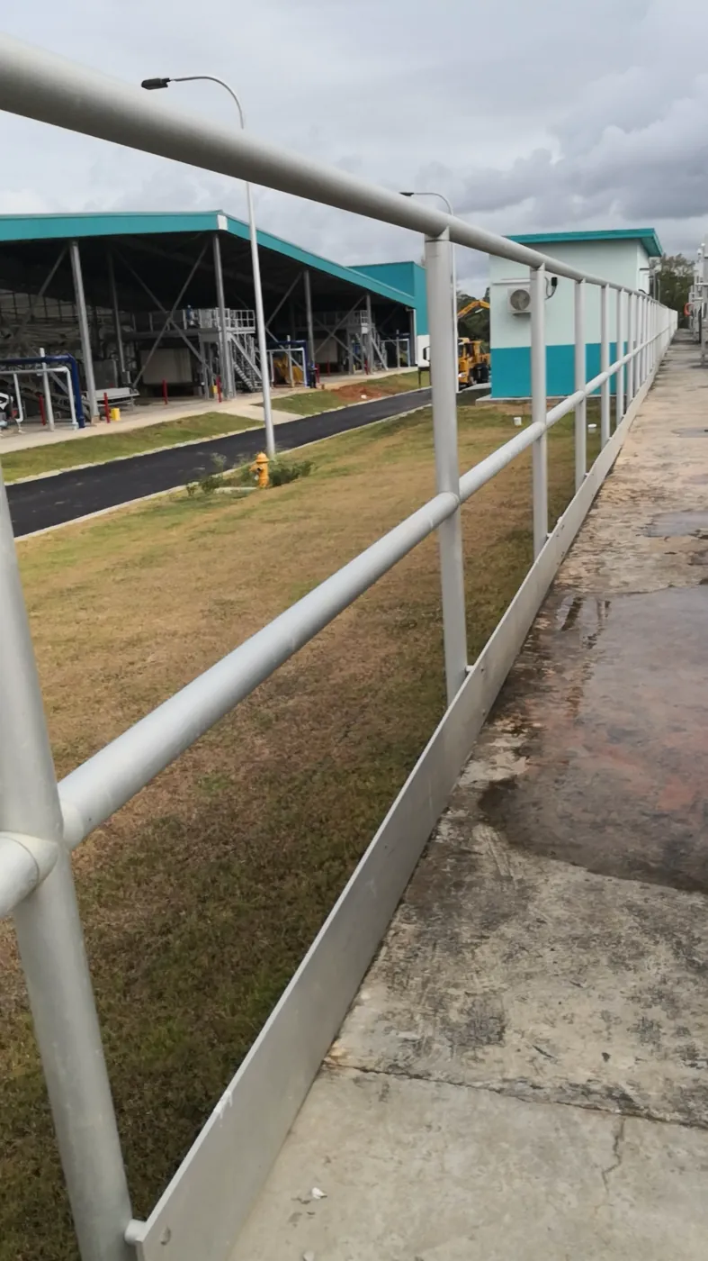 Aluminum handrail installation on industrial walkway
